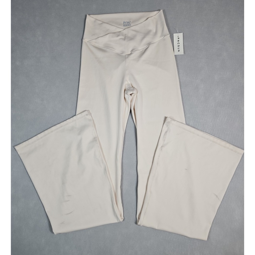 PacSun Womens Ivory Crossover Waist Flare Leg Athletic Pants Small NWT - Spots
